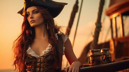 Obraz na płótnie Canvas a woman dressed in pirate costume standing on a pirate ship.