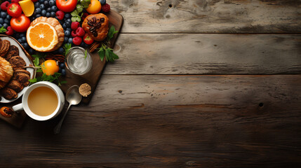 Obraz na płótnie Canvas Delicious breakfast on a rustic table. Top view copy