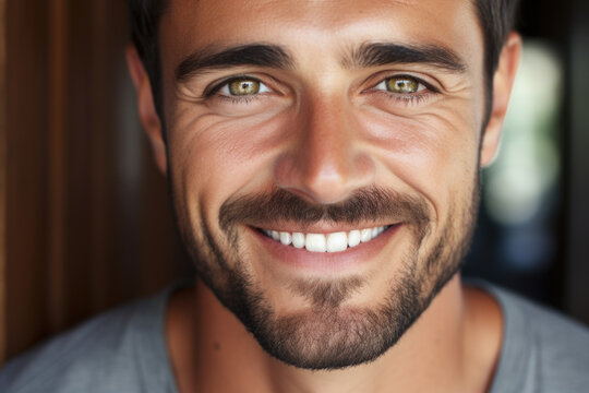 Close-up shot capturing joyful expression of man with beard. This image can be used to convey happiness, positivity, or to represent friendly and approachable personality.