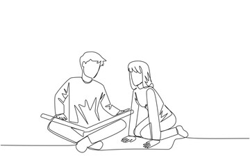 Continuous one line drawing man woman sit down and put reading book on feet. Interesting to read the complete geographic map. Eliminate curiosity. Book festival. Single line design vector illustration