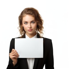 Fototapeta premium Businesswoman holding a blank sign Isolated on white background
