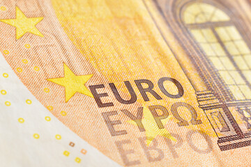 Obraz premium 50 Euro banknote background. Selective focus at the EURO word on the note. 