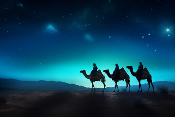 Silhouette of Three wise men riding a camel along the star path. To meet Jesus at first birth. - 668501791