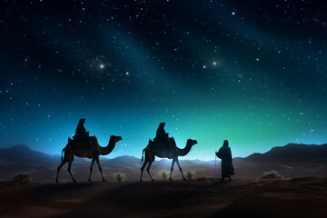 Silhouette of Three wise men riding a camel along the star path. To meet Jesus at first birth. - obrazy, fototapety, plakaty