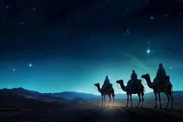 Silhouette of Three wise men riding a camel along the star path. To meet Jesus at first birth. - 668501922