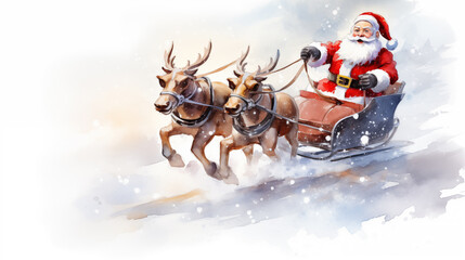 Santa Claus riding a sleigh pulled by Rudolph, warm watercolor painting