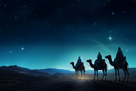 Silhouette of Three wise men riding a camel along the star path. To meet Jesus at first birth.