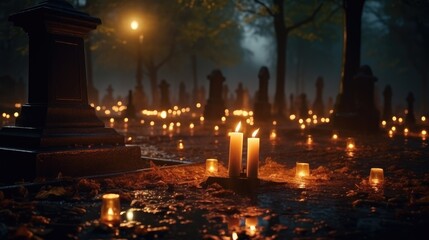 Fototapeta na wymiar Candlelight and spooky tombstone