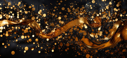 Raining gold confetti isolated on black party background concept with copy space for award ceremony New Year's Eve and jubilee.AI Generative