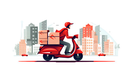 Drawing of a delivery man driving a scooter on a transparent background PNG