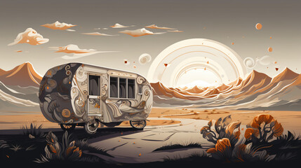 Drawing of a caravan stopped on the road to the mountain