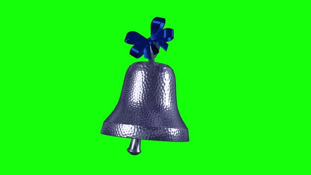 Silver Bell with Blue Bow - Ringing Loop - Green Screen - Realistic 3D animation isolated on green background 