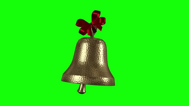 Golden Bell with Red Bow - Ringing Loop - Green Screen - Realistic 3D animation isolated on green background 