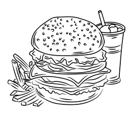 burger with french fries and soft drink line art illustration