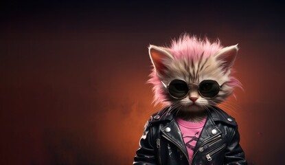 punk baby kitten in glasses and a black leather jacket banner - Powered by Adobe