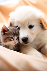 Cute portrait of a kitten with a puppy. Generative AI,