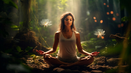 A woman in the lotus position in the forest does yoga and mindfulness exercises until she reaches nirvana. Generative AI,