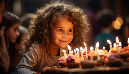 A cute, cheerful girl enjoys a birthday celebration indoors generated by AI