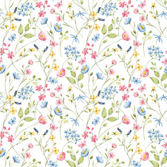 Seamless background, floral pattern with watercolor wild flowers pink and blue, butterflies. Repeat fabric wallpaper print texture. Perfectly for wrapped paper, backdrop, wallpaper, fabric, textile.