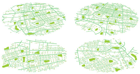 City top view. View from above the map for location tracks dashboard. Abstract city map, background. Top view, view from above. Fictional district plan. Quarter residential buildings. Vector,
