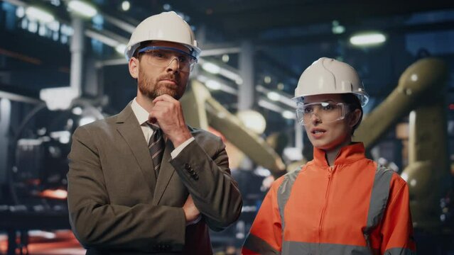 Boss examining factory facility with woman specialist. Engineer shaking hand