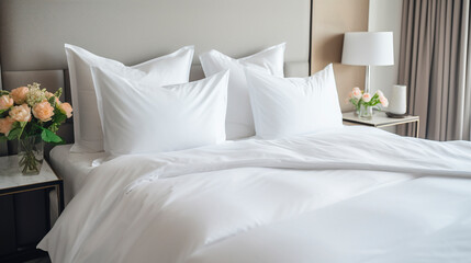 Hotel room white beds. Generative AI,