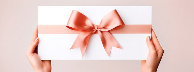 Blank white sheet of paper with a silk ribbon gift bow held in female hands. Generative AI,