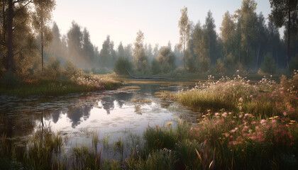 Obraz premium Tranquil autumn meadow reflects natural beauty in serene pond generated by AI