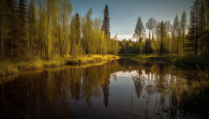 Fototapeta premium Tranquil scene sunset reflects on water, nature vibrant beauty generated by AI