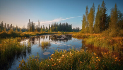 Obraz premium Tranquil scene autumn forest reflects vibrant colors in pond generated by AI