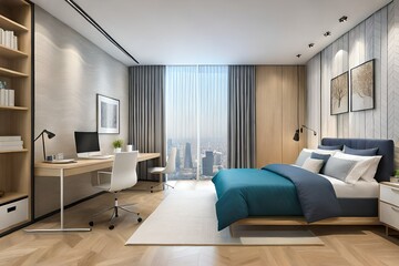 Naklejka na ściany i meble Small modern apartment design with Asian Scandinavian influences 