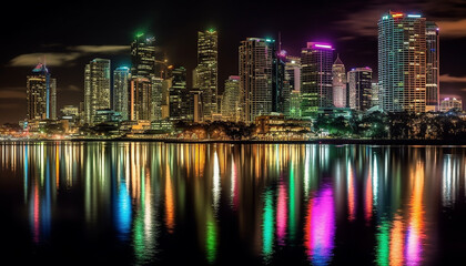 Fototapeta na wymiar Illuminated city skyline reflects vibrant colors on water at dusk generated by AI