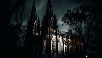 Gothic chapel, illuminated by moonlight, evokes ancient spirituality generated by AI