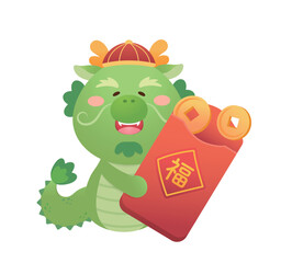 Playful and cute dragon character or mascot with red paper bag, Chinese mythological animal, vector cartoon character for Chinese New Year, translation: blessing