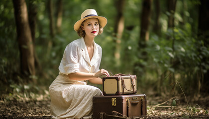Young adult woman enjoying summer outdoors, sitting in nature with suitcase generated by AI