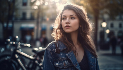 Naklejka premium Young woman in casual clothing, standing outdoors, looking at camera generated by AI