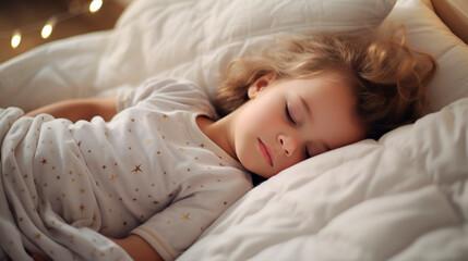 The child sleeps in a white bed. Generative AI, - obrazy, fototapety, plakaty