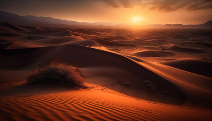 Sunset over majestic sand dunes in Africa arid, remote wilderness generated by AI