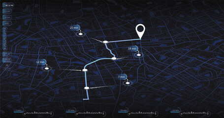 Dashboard with satellite, location and roadmap. Interface for navigation. Big data in modern city. Abstract city. Futuristic gps map navigator system, direction path, location tracks dashboard. Vector