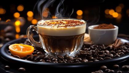 Freshly brewed coffee in a rustic wooden cup, steaming hot generated by AI