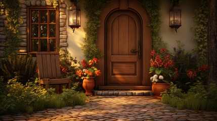 Entrance of a cozy country house warm earth tones. - obrazy, fototapety, plakaty