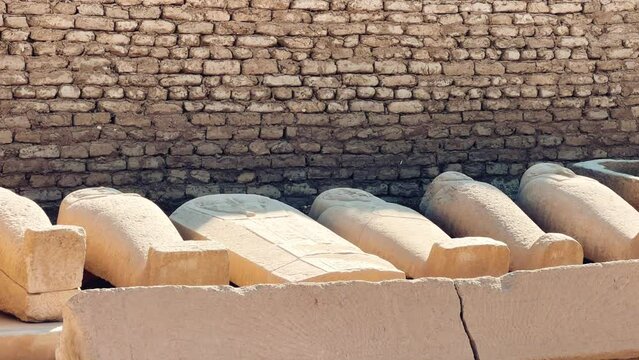 The ruins of the Egyptian temple complex Dendera. Museum in Egypt. Hathor Temple. The Denderian zodiac. The complex is a mixture of ruined temples, chapels, pylons and other buildings. Egypt 2022. 4K
