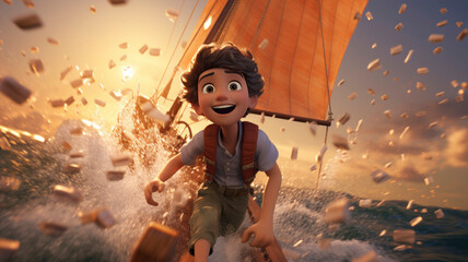 boy, 3d character, sailing in a sailboat, on the waves, vivid imagination and adventures, dream of traveling, cartoon