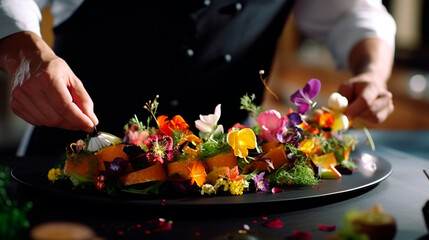 The chef decorates the dish with herbs and flowers. Generative AI,