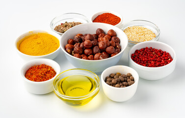 Bowls with spices and cooking ingredients on white background