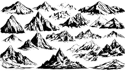 Sketch, hand drawn collection mountain peaks. Scribble. Pen, pencil, ink, hand drawn mountain peaks. Sketch mountains various shapes heights, isolated transparent background. Vector not created by AI - obrazy, fototapety, plakaty