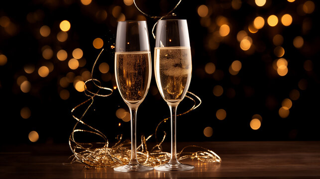 Champagne Glasses ready for a Toast. Festive and Happy New Year images. Ai generative.