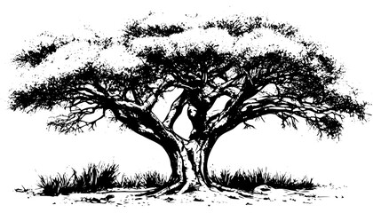 Sketch of African savanna, landscape with trees. Black outline on a white background. Hand drawn illustration converted to vector. safari tree, realistic drawing of acacia