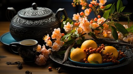 Obraz na płótnie Canvas Chinese New Year With Tea Pot Mandarines , Happy New Year Background ,Hd Background