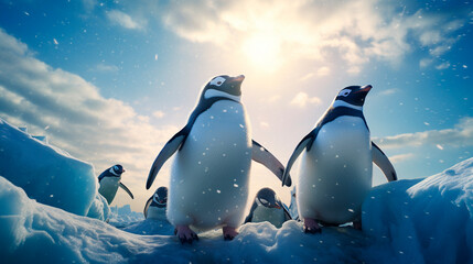 Beautiful penguins on an ice floe. Generative AI, - obrazy, fototapety, plakaty